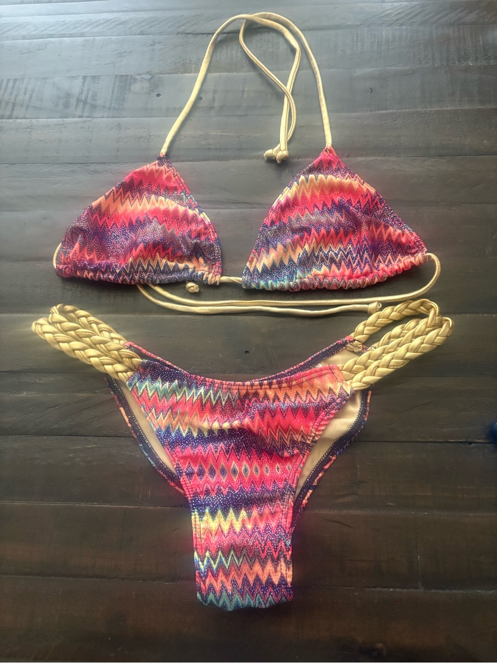 Ravish Sands Swimwear Bikini Set Medium Tribal Aztec Print Gold Braided Sides